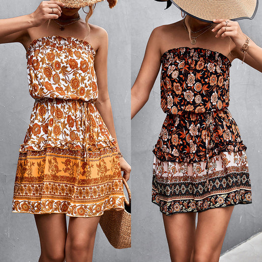 Bohemian Floral Print Strapless Dress