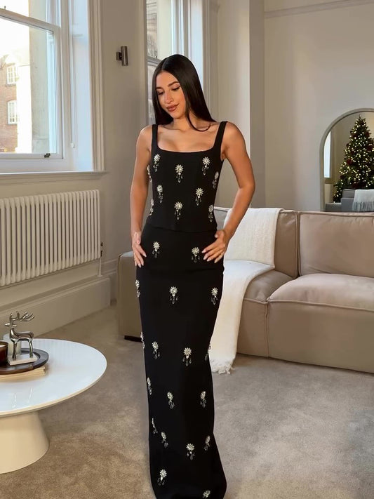 BTwo-piece Beaded Zipper Top Skirt Set