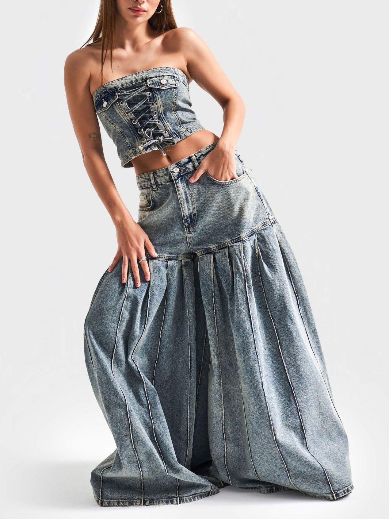Strapless Denim Corset - Waist Pleated  Set