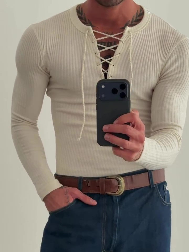 Ribbed Knit Lace-Up Top