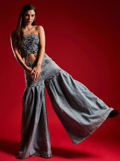 Strapless Denim Corset - Waist Pleated  Set