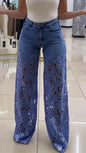 Jean Taille Haute en Dentelle Fleurie