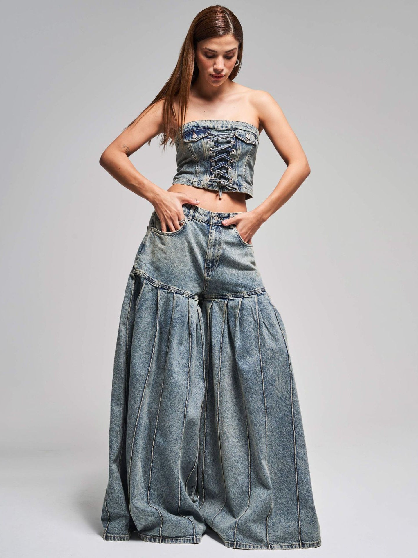 Strapless Denim Corset - Waist Pleated  Set