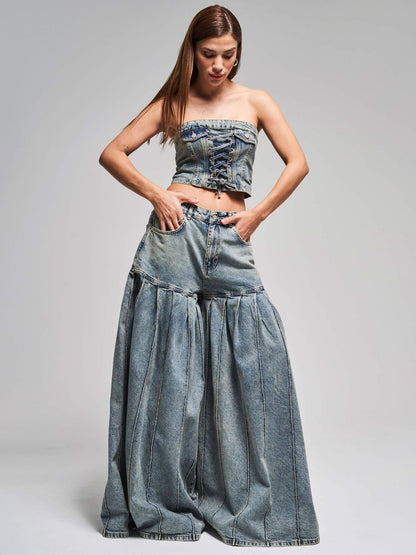 Strapless Denim Corset - Waist Pleated  Set