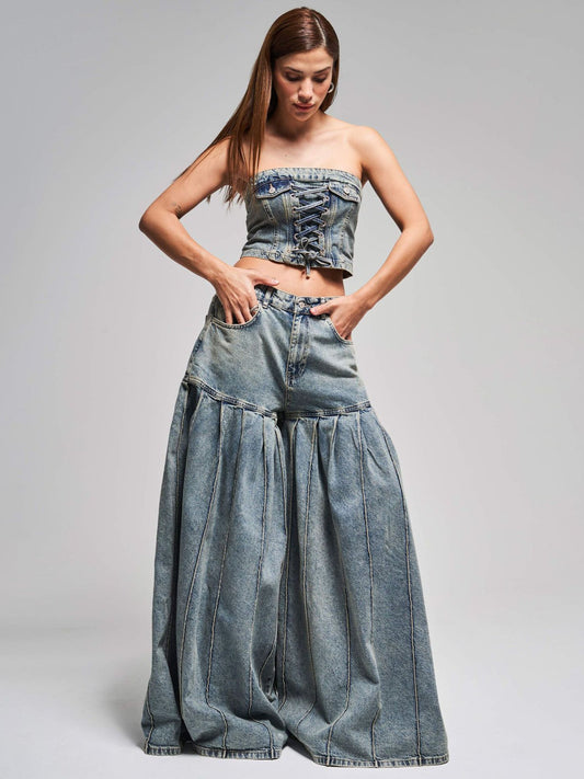 Strapless Denim Corset - Waist Pleated  Set