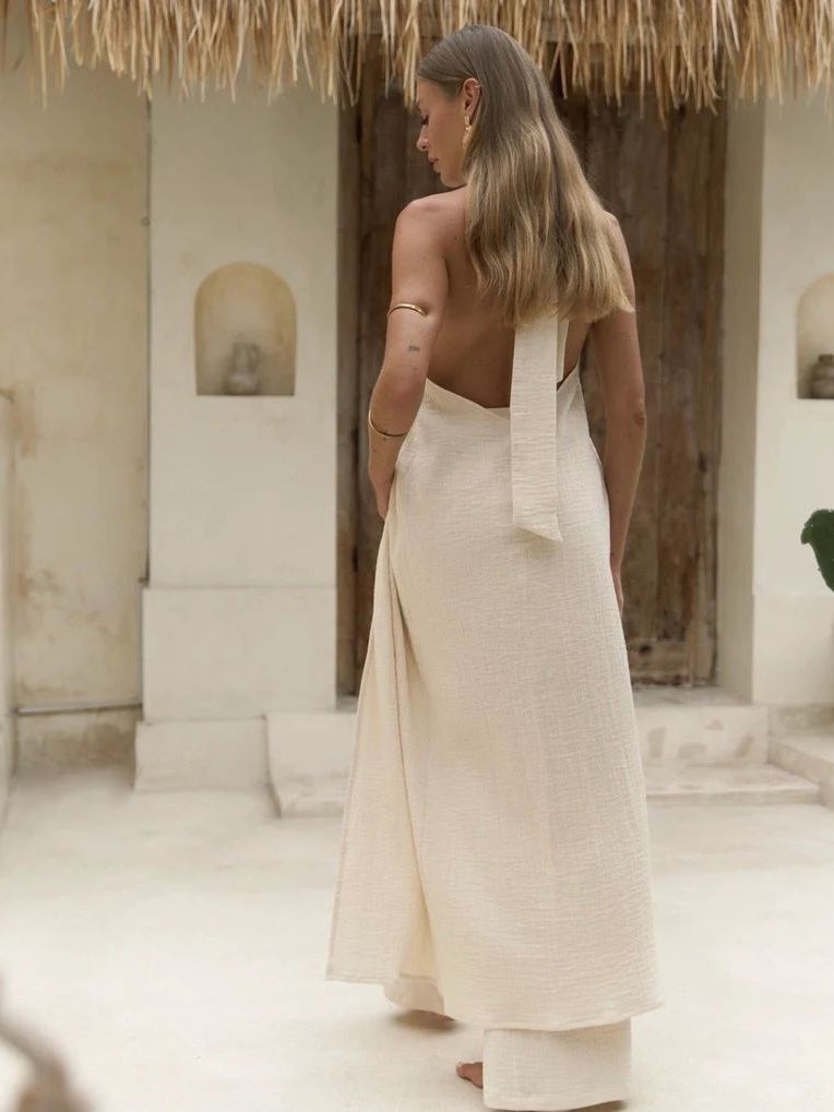 Khaki High Slit Long Top Pants Suit