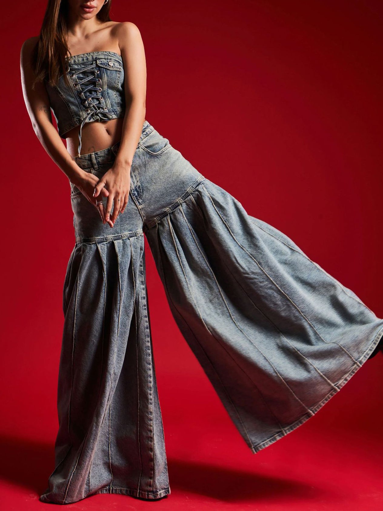 Strapless Denim Corset - Waist Pleated  Set