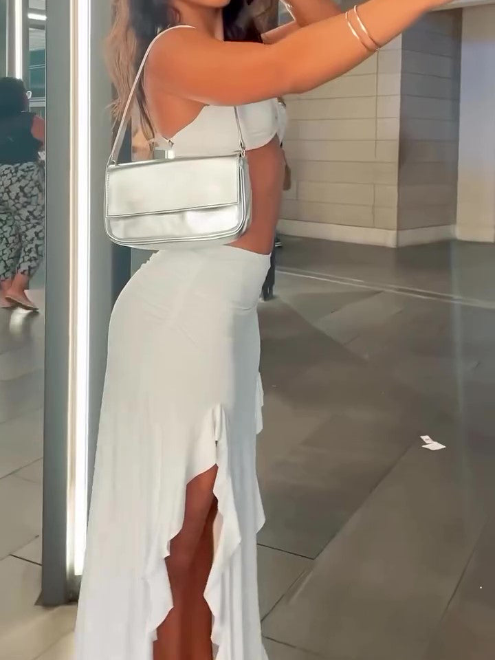 Bandeau Top Ruffled Slit Skirt Set