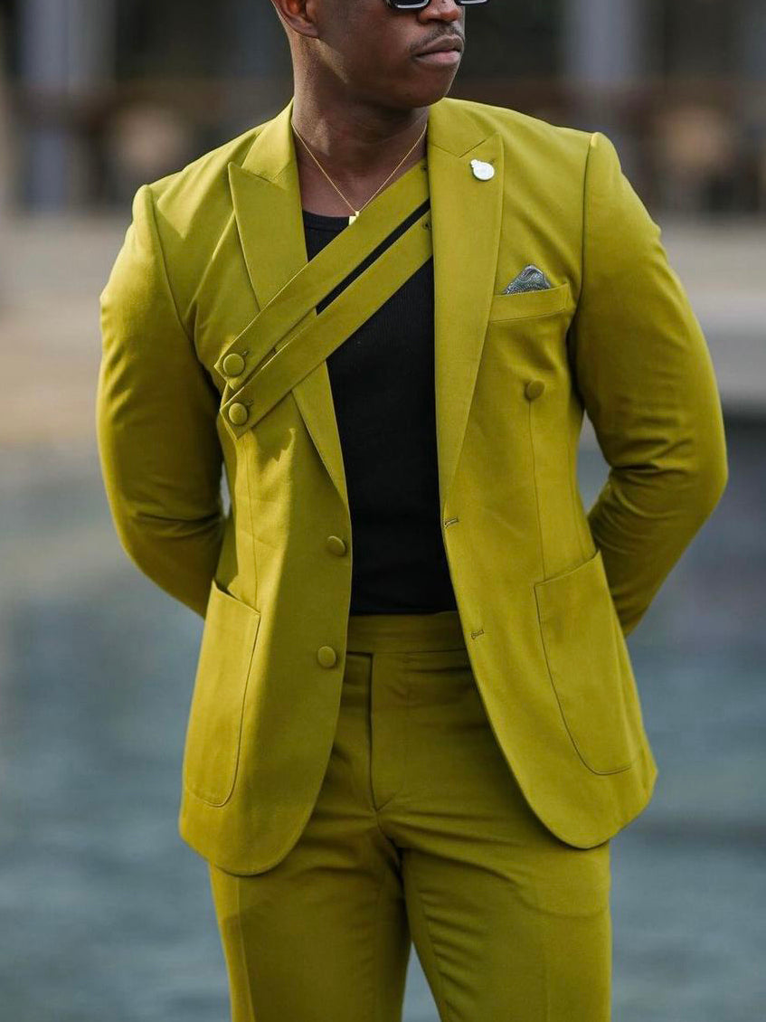 Olive Green Suit Asymmetric Strap Tailored Fit