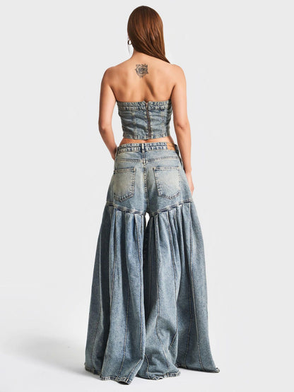 Strapless Denim Corset - Waist Pleated  Set