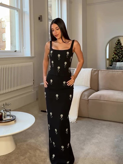 BTwo-piece Beaded Zipper Top Skirt Set