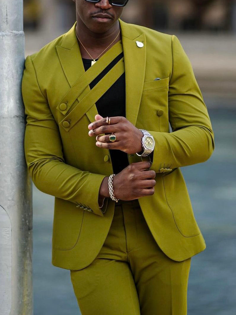 Olive Green Suit Asymmetric Strap Tailored Fit