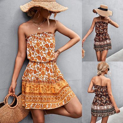Bohemian Floral Print Strapless Dress