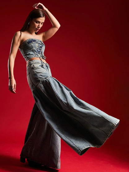 Strapless Denim Corset - Waist Pleated  Set