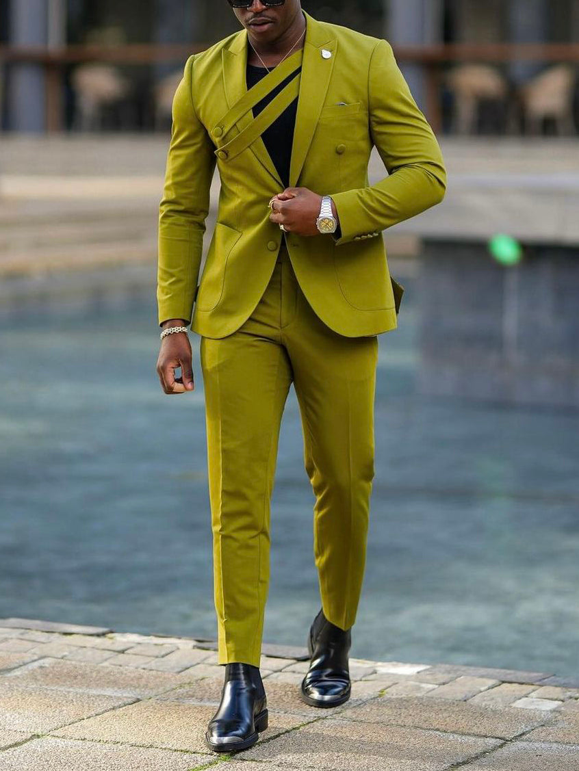 Olive Green Suit Asymmetric Strap Tailored Fit